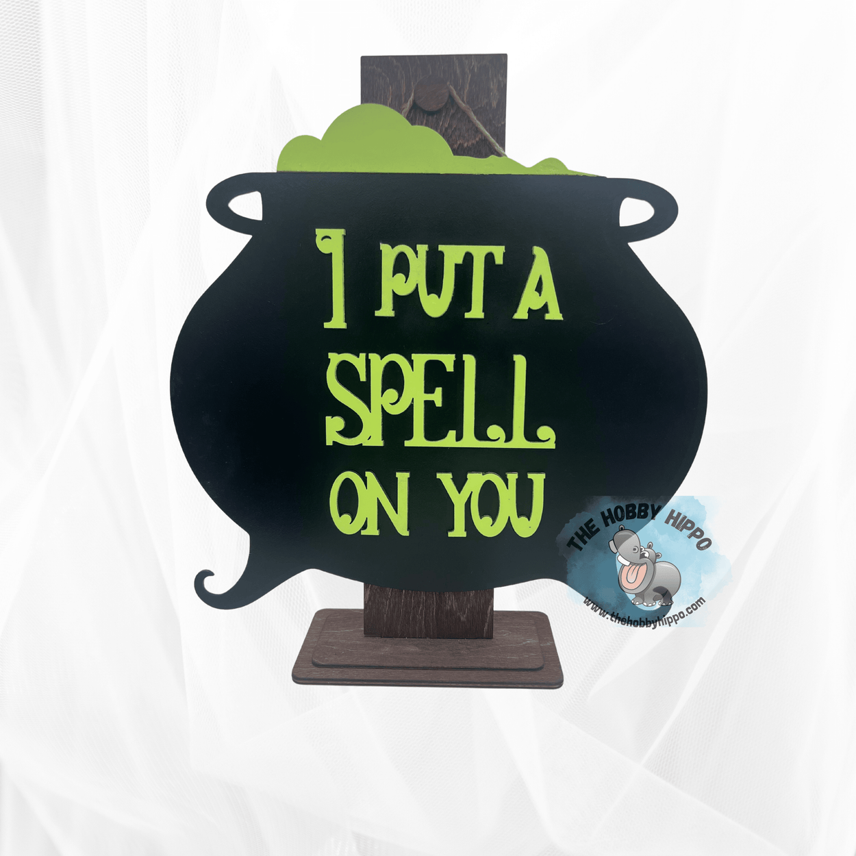 Laser cut wooden wall or door hanger, featuring a cauldron with bubbly brew, and the words “I put a spell on you”, Halloween decoration 