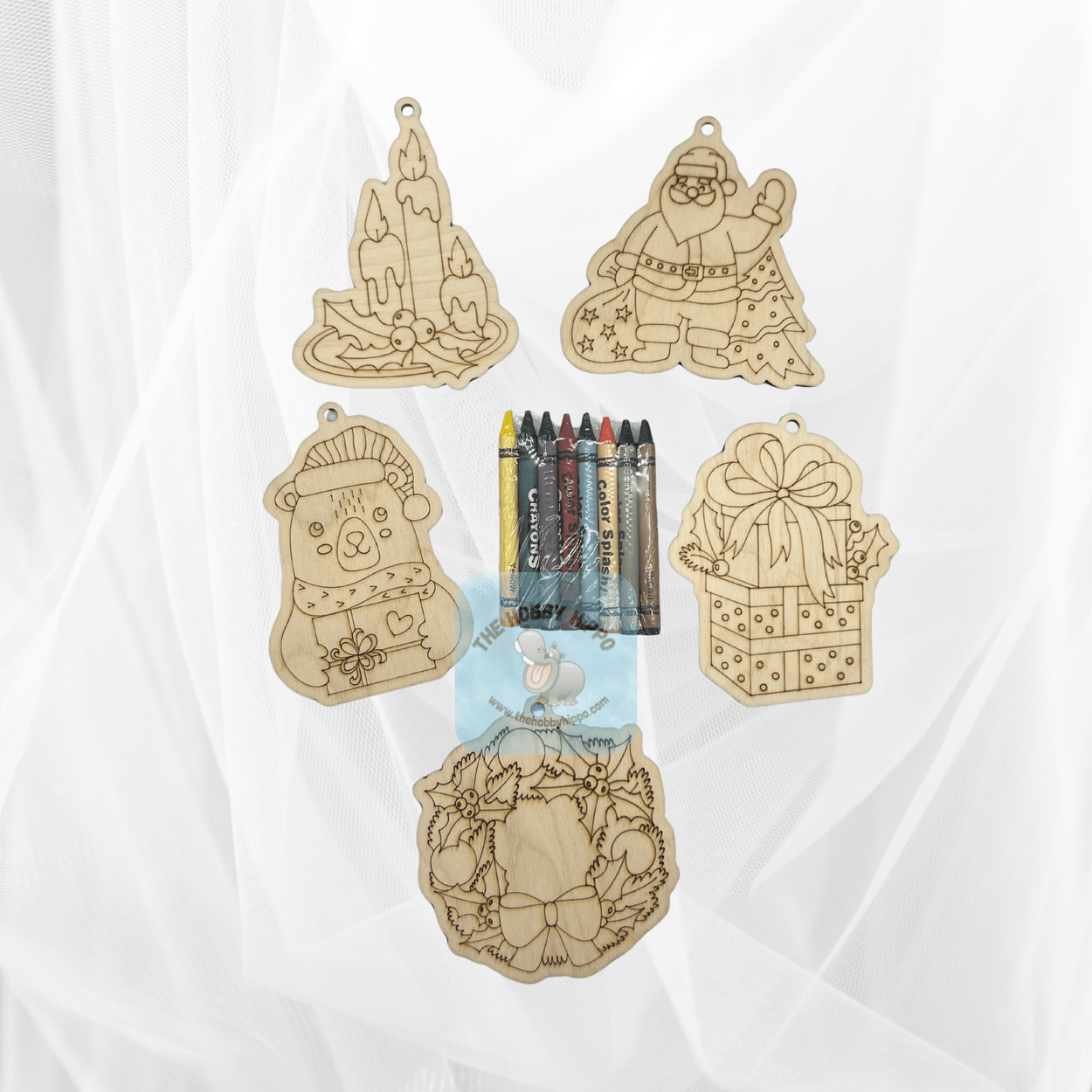 5 wooden Christmas ornaments for kids to paint or color, DIY kit