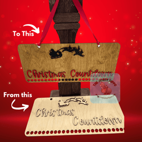 A wooden plaque saying “Christmas Countdown” with a Santa and reindeer at the top. DIY paint or stain to your preference. Had 25 holes at the bottom to hang candy canes and each day you remove a candy cane and when they are all gone it is Christmas Day! 