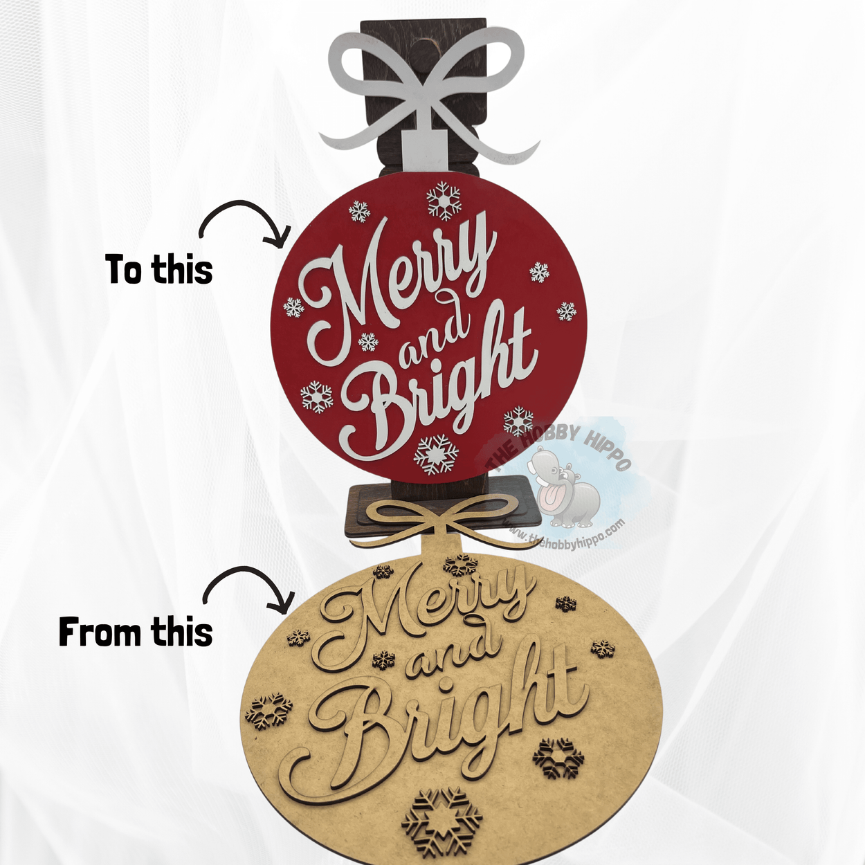 A wall or door hanger shaped like a big Christmas ornament, featuring the festive words of "Merry and Bright". Finished product is for inspiration only as this is a DIY project.