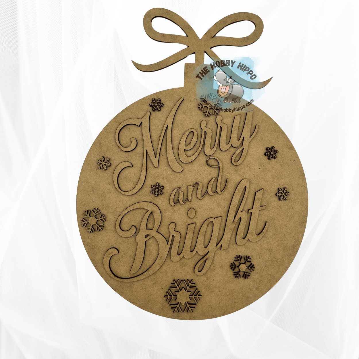 A round wooden wall or door hanger shaped like a Christmas ornament, featuring the words "Merry and Bright". DIY paint kit