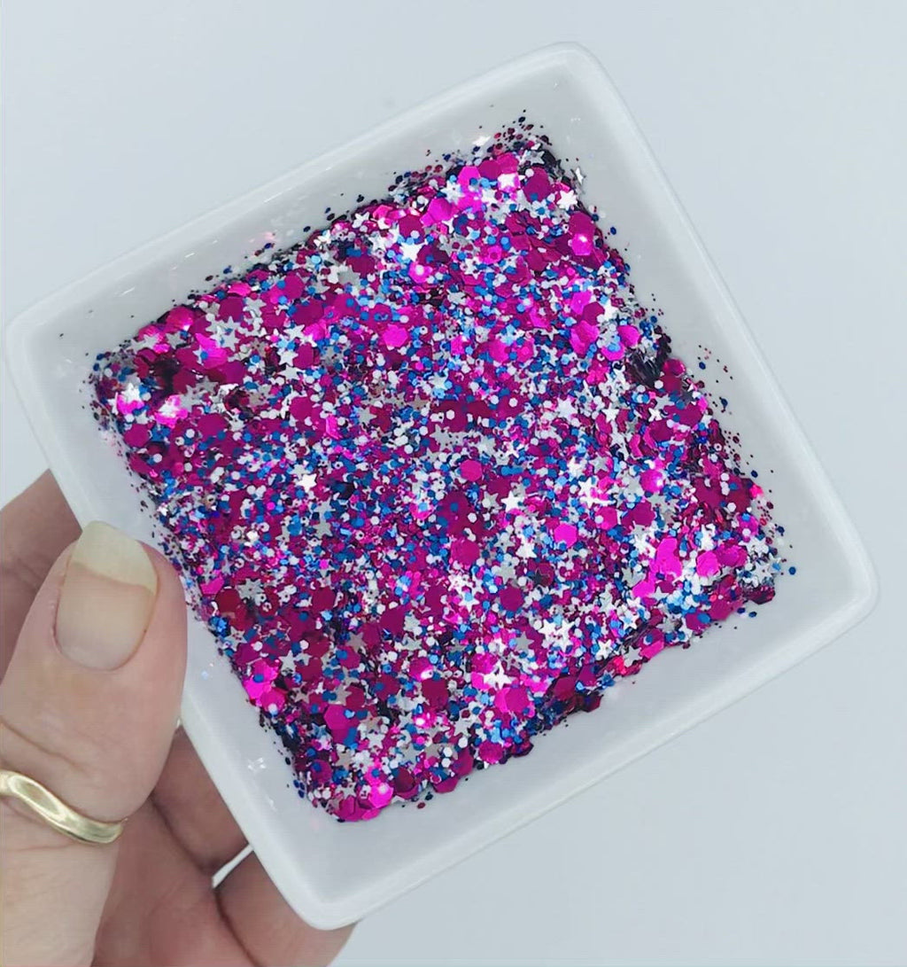 Feelin’ Pretty is a blend of purple, blue, white, and silver stars glitter