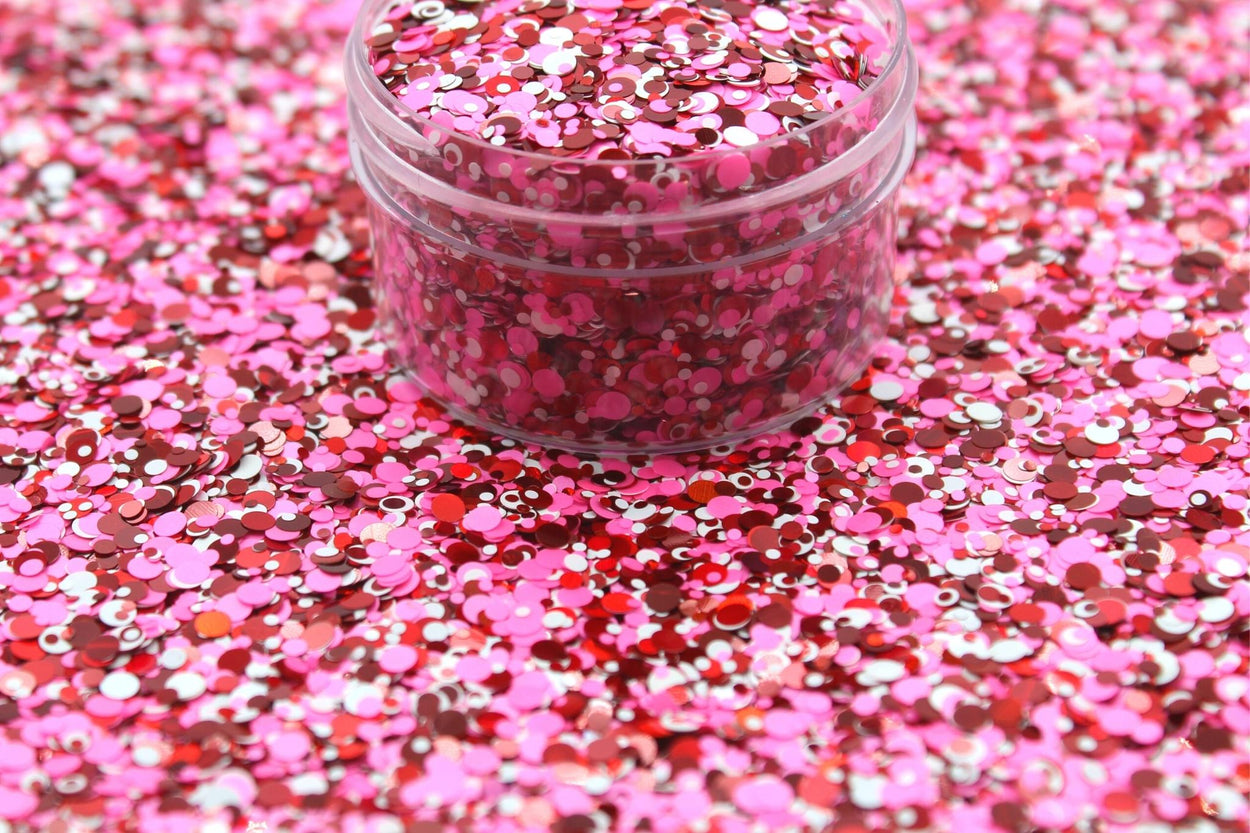 Forget Me Not is a chunky glitter with red, white, and pink