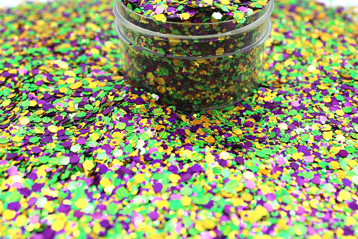 Jester is a chunky glitter mix of purple, green and gold