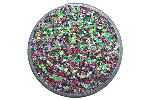 A green, light pink, and dark pink glitter mix