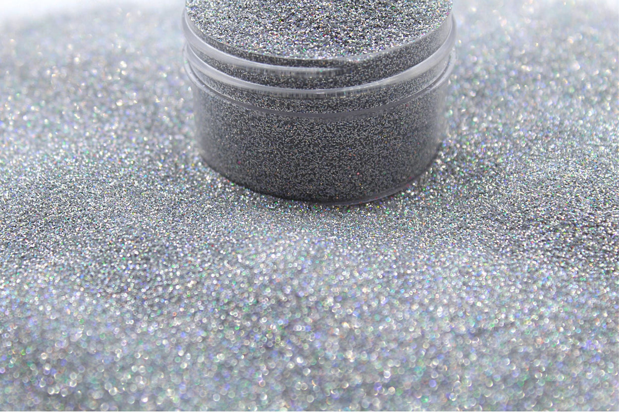 A silver holographic ultra fine cut glitter